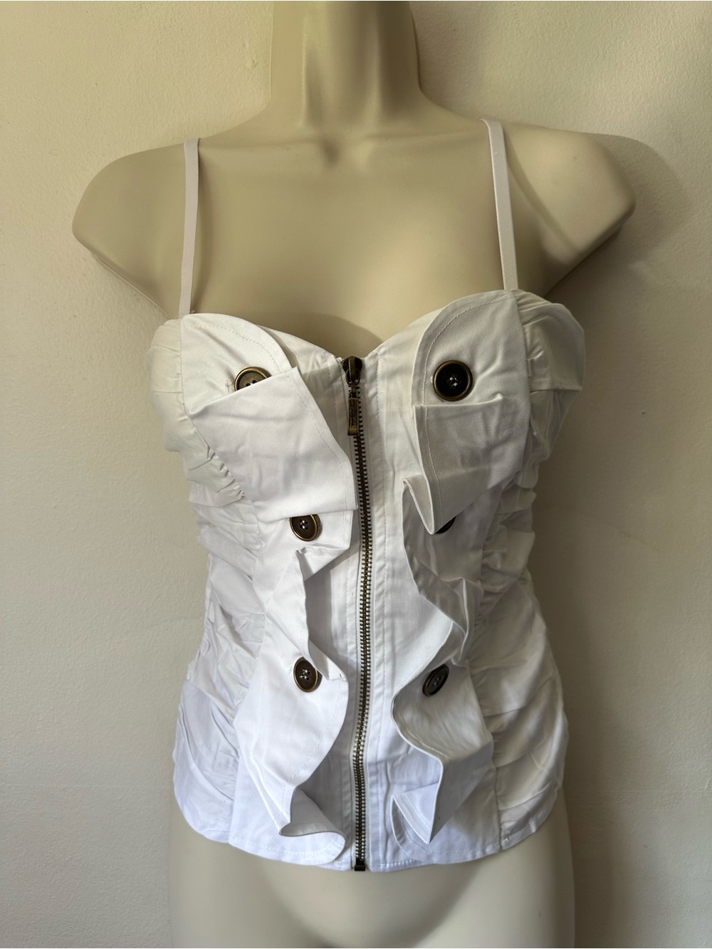 White Button-Accent Zip Front Bustier Top